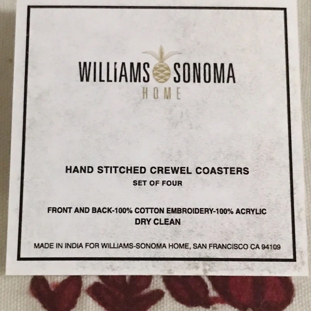 Williams Sonoma hand stitched crewel coaster set